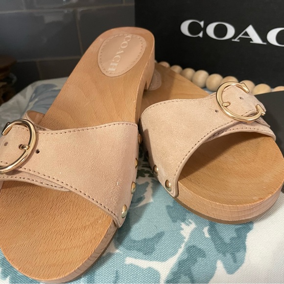 Coach Beige Leather Sandals with Gold Accents - Picture 1 of 5